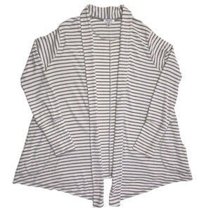 Mae Gray White Striped Waffle Knit Open Front Cardigan Thumbhole Pockets L